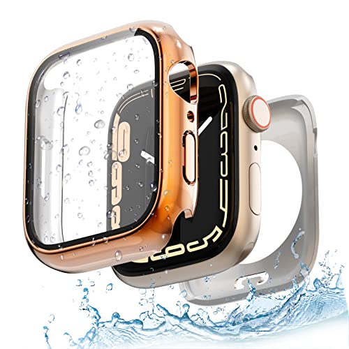 Yolovie 2 in 1 wasserdichte Hülle Kompatibel für Apple Watch Series 9 8 7 45mm Zubehör, iWatch Glas Displayschutz Hard Schutz Case Schutzhülle+Hinterer Rahmenfür Damen Herren 45mm Glänzendes Roségold von Yolovie