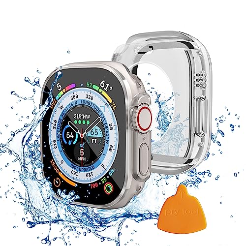 Yolovie 2 in 1 wasserdichte Hülle Kompatibel für Apple Watch Ultra/Ultra 2 49mm Displayschutz, iWatch Zubehör Glas PC Hard Schutz Case Schutzhülle + Hinterer Rahmen Gehäuse 49mm Transparent von Yolovie