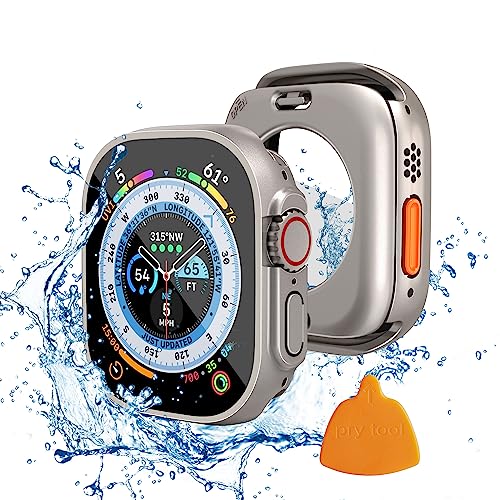 Yolovie 2 in 1 wasserdichte Hülle Kompatibel für Apple Watch Ultra/Ultra 2 49mm Displayschutz, iWatch Zubehör Glas PC Hard Schutz Case Schutzhülle + Hinterer Rahmen Gehäuse Damen Herren 49mm Titan von Yolovie