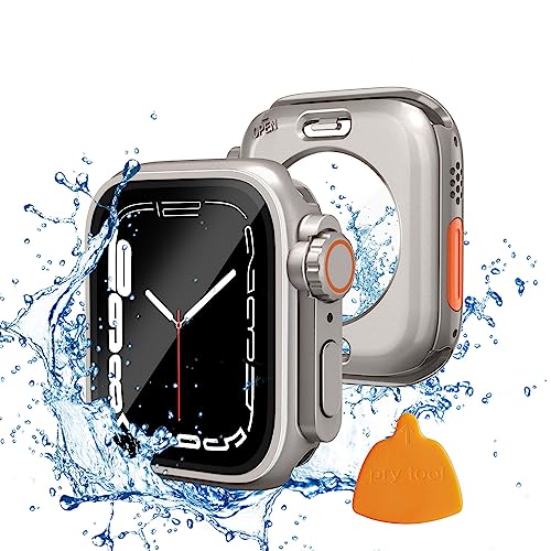 Yolovie 2 in 1 wasserdichte Hülle Kompatibel mit Apple Watch 41mm Displayschutz Series 9/8/7【Appke Watch Ultra Style Gehäuse】 iWatch Glas Schutzhülle Hard PC Rundum Schutz Case Zubehör 41mm, Titan von Yolovie