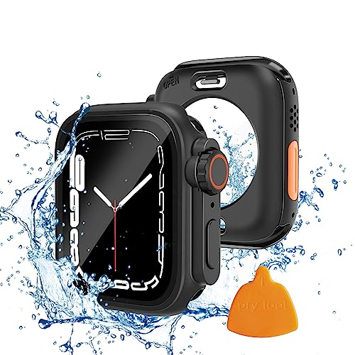 Yolovie 2 in 1 wasserdichte Hülle Kompatibel mit Apple Watch 45mm Displayschutz Series 9/8/7【Appke Watch Ultra Style Gehäuse】 iWatch Glas Schutzhülle Hard PC Rundum Schutz Case Zubehör 45mm, Schwarz von Yolovie