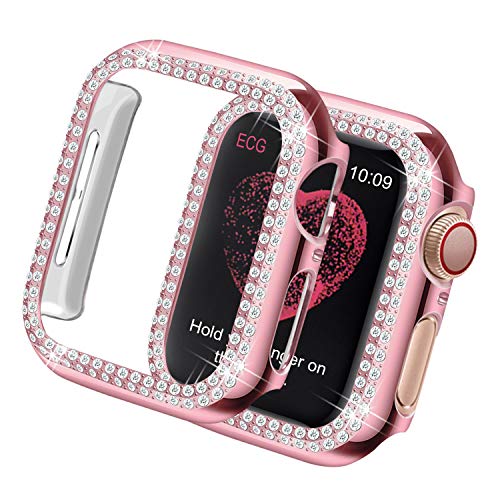 Yolovie Kompatibel für Apple Watch Hülle 40mm SE Series 6 5 4, Harter PC Bling Gehäuse mit glitzernden Strass-Steinen in Diamant Gestell Schutzhülle Stoßstange Frauen für iWatch (Boppelt Rosa) von Yolovie