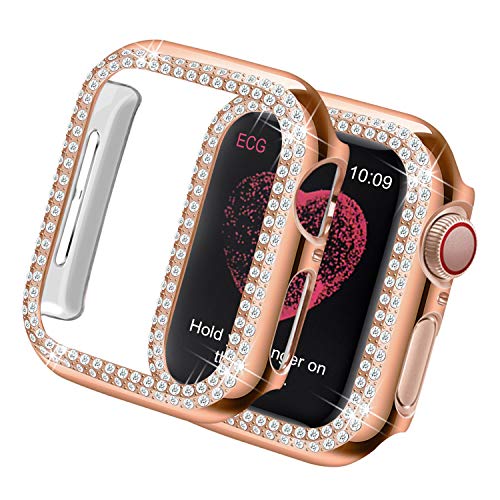 Yolovie Kompatibel für Apple Watch Hülle 42mm Series 3 2, Harter PC Bling Gehäuse mit glitzernden Strass-Steinen in Diamant Gestell Schutzhülle Stoßstange Frauen für iWatch (Boppelt Rosé Gold) von Yolovie