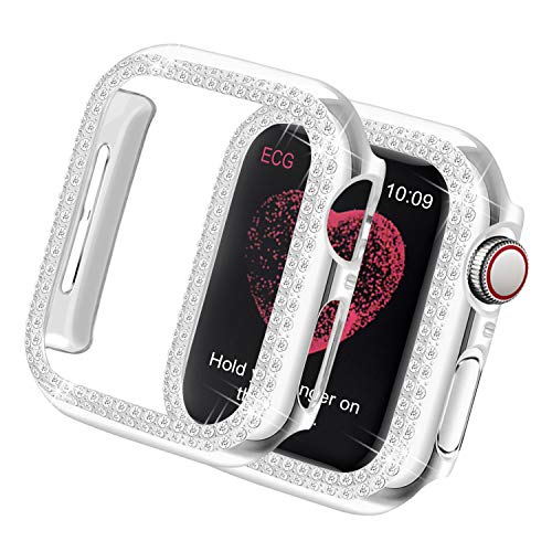 Yolovie Kompatibel für Apple Watch Hülle 44mm SE Series 6 5 4, Harter PC Bling Gehäuse mit glitzernden Strass-Steinen in Diamant Gestell Schutzhülle Stoßstange Frauen für iWatch (Boppelt Silber) von Yolovie