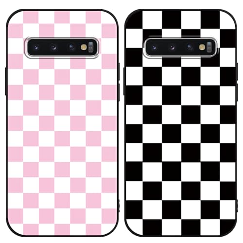Yomjew Niedliche karierte Handyhülle für Samsung Galaxy S10 4G 15,5 cm (6,1 Zoll), Schachbrettmuster, weiche, schlanke, stoßfeste Silikon-Schutzhülle für Mädchen und Frauen, Schwarz/Rosa, 2 Stück von Yomjew