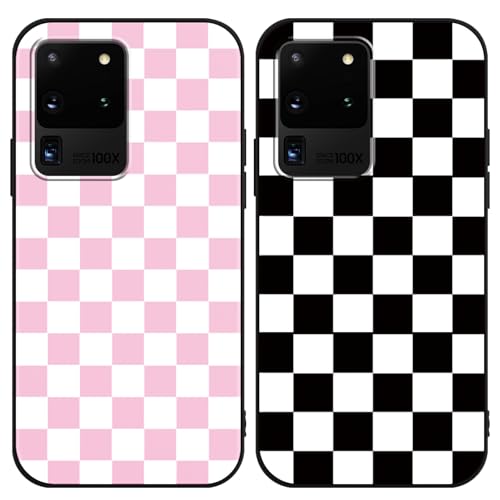 Yomjew Niedliche karierte Handyhülle für Samsung Galaxy S20 Ultra 17,5 cm (6,9 Zoll), Schachbrettmuster, weiche, schlanke, stoßfeste Silikon-Schutzhülle für Mädchen und Frauen, Schwarz/Rosa, 2 Stück von Yomjew