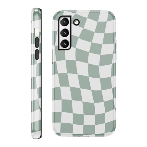 Yomjew Niedliche karierte Handyhülle für Samsung Galaxy S21 5G, 15,7 cm (6,2 Zoll), Kokettgrünes Schachbrettmuster, Druckdesign, 2-in-1, glänzende Handyhülle, stoßfest, weiches TPU, harter PC, Mädchen von Yomjew