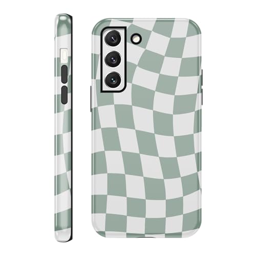Yomjew Niedliche karierte Handyhülle für Samsung Galaxy S22 5G, 15,5 cm (6,1 Zoll), Kokettgrünes Schachbrettmuster, Druckdesign, 2-in-1, glänzende Handyhülle, stoßfest, weiches TPU, harter PC, Mädchen von Yomjew