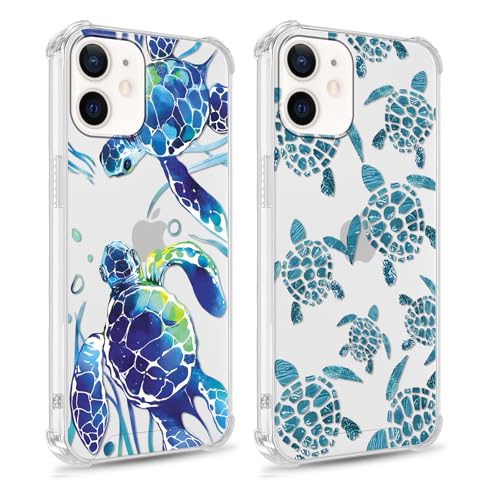 Yomjew Schutzhülle für iPhone 12 Mini 13,7 cm (5,4 Zoll), ästhetisch, trendig, adrett, blau, Cartoon-Schildkröte, Sommermuster, weich, schlank, stoßfest, 2 Stück von Yomjew