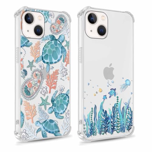 Yomjew Schutzhülle für iPhone 13 / iPhone 14 15,5 cm (6,1 Zoll), Motiv: niedliche blaue Schildkröte, ästhetisches Cartoon-Tier-Design, transparente Schutzhülle, dünn, weiches Silikon, TPU, stoßfest, von Yomjew