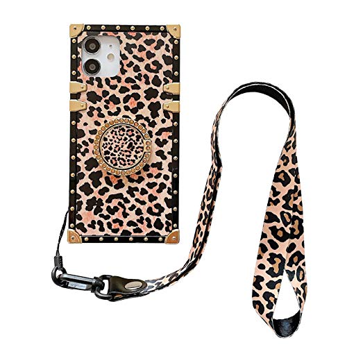 Quadratische Leopard Handyhülle für iPhone 12 Pro Max 6,7 Zoll mit Diamant Halter Ring und Lanyard Chic Gepard Protective Soft Trunk Back Cover (Light Leopard with Strap, iPhone 12 Pro Max) von YonMeet