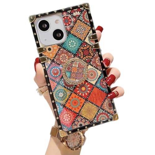 YonMeet Schutzhülle für iPhone 14 mit Haltering, quadratisch, Mandala, indisches Hippie, böhmisch, psychedelisch, Pfau, Mandala, stoßfest, Retro-Design von YonMeet