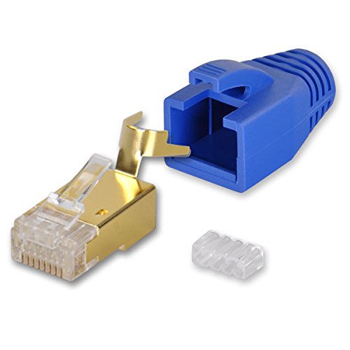 Yonix 10 x Netzwerkstecker RJ45 Cat 7 / 6A | vergoldet | Einführhilfe | Knickschutz | Tülle blau | NSY-758BL von Yonix