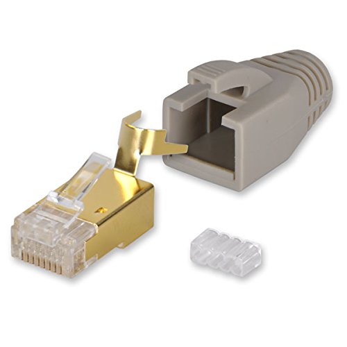 Yonix 10 x Netzwerkstecker RJ45 Cat 7 / 6A | vergoldet | Einführhilfe | Knickschutz | Tülle grau | NSY-758GR von Yonix