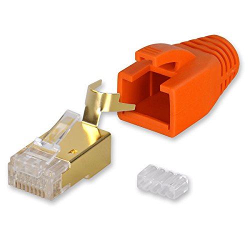Yonix 10 x Netzwerkstecker RJ45 Cat 7 / 6A | vergoldet | Einführhilfe | Knickschutz | Tülle orange | NSY-758OR von Yonix
