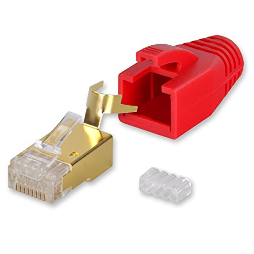 Yonix 10 x Netzwerkstecker RJ45 Cat 7 / 6A | vergoldet | Einführhilfe | Knickschutz | Tülle rot | NSY-758RO von Yonix