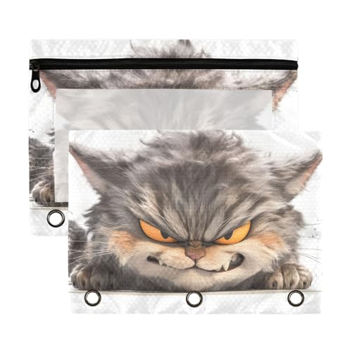 Cartoon-Bindertaschen mit wütender Katze, mit transparentem Fenster, Organizer mit Reißverschluss, verstärkte Ösen, 3 Ringe, Ordner, Ordner zur Aufbewahrung von Schul- und Bürobedarf, mehrfarbig, 2 Cartoon-Bindertaschen mit wütender Katze, mit transparentem Fenster, Organizer mit Reißverschluss, verstärkte Ösen, 3 Ringe, Ordner, Ordner zur Aufbewahrung von Schul- und Bürobedarf, mehrfarbig, 2 von Yoogain