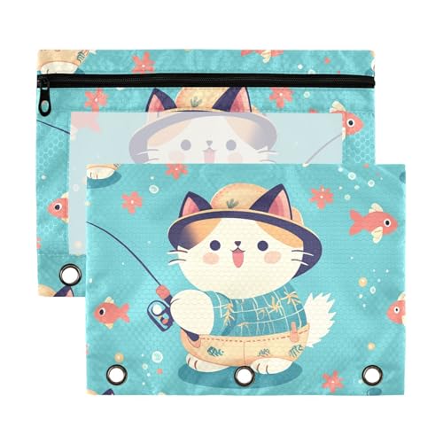 Cartoon-Katzen-/Fisch-Schultaschen mit transparentem Fenster, große Kapazität, Ordner, 3 Ringe zur Aufbewahrung von Schul- und Bürobedarf, mehrfarbig, 2 Stück Cartoon-Katzen-/Fisch-Schultaschen mit transparentem Fenster, große Kapazität, Ordner, 3 Ringe zur Aufbewahrung von Schul- und Bürobedarf, mehrfarbig, 2 Stück von Yoogain