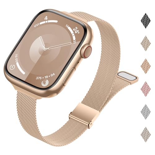 Yoohoo Schmales Armband Kompatibel mit Apple Watch Armband 38mm 40mm 41mm 42mm 44mm 45mm 49mm für Damen/Herren,Magnetisch Metall Edelstahl Armband für iWatch SE Series 9 8 7 6 5 4 3 2 1,RoséGold von Yoohoo