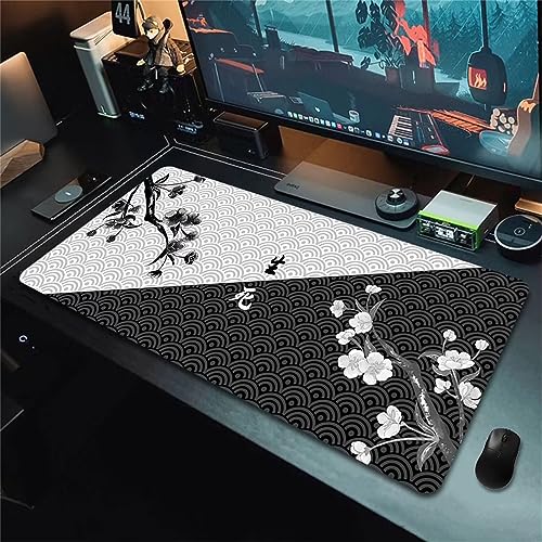 Gaming Mauspad Schwarz Weiße Blume,Große XXL Mousepad 700x300x2mm,Schreibtisch Protector Matte mit Anti-Rutsch Basis,Vernähte Kanten Mouse Pad wasserdicht und langlebig für Gaming,Büro,Zuhause von Yoonqun