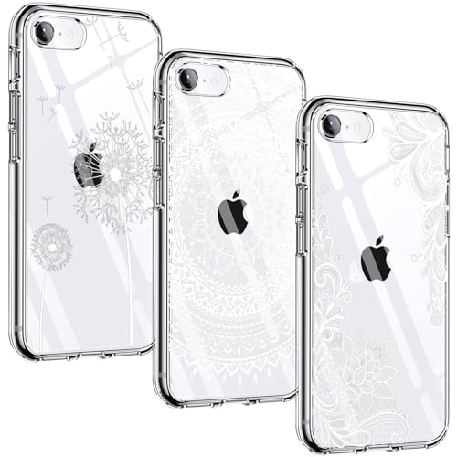 Yoowei 3-Stück Kompatibel mit iPhone SE 2022 Hülle, iPhone SE 2020 Hülle, Durchsichtig Silikon Handyhülle mit Süße Muster Schutzhülle - Weiße Blume, Mandala & Löwenzahn von Yoowei