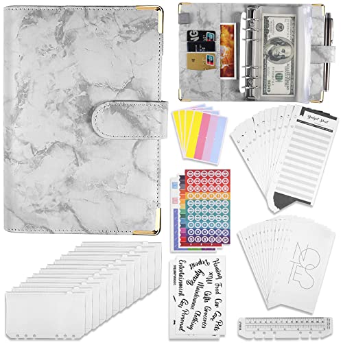 Yosmey A6 Binder Budget Planner,49-in-1 Budget Binder Marmor-Leder 6 Löcher Ringbuch Binderumschlägen mit 12 Budgetblätter,12 Binder Taschen,4 Etikettenaufklebern,5 Stickers,1 Ruler,14 Wochenplaner von Yosemy