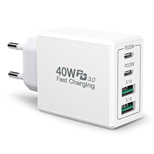 Yosou USB C Ladegerät, 40W 4-Port Adapter mit PD+QC Ladestecker, Schnellladegerät Mehrfach USB Netzteil für iPhone 15 14 13 12 11 Pro Max SE 2020 XS XR X 8 7 6 Plus, Samsung, Tablets von Yosou