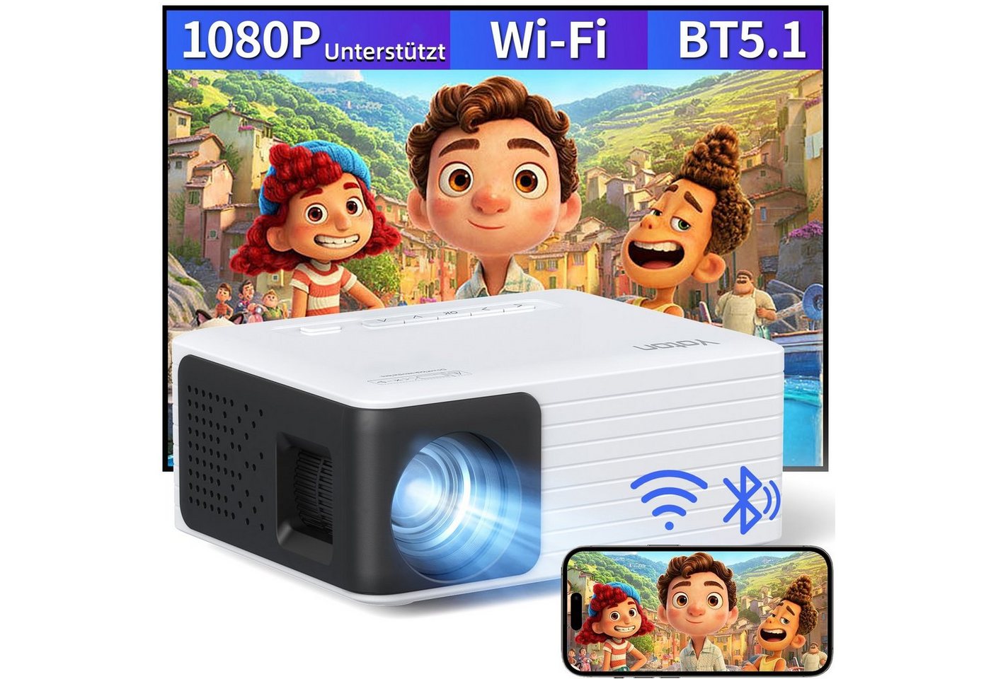 Yoton LCD-Beamer (1280 x 720 px, 5000:1, 5500 lm, 5.1 Bluetooth, WiFi Verbindung) von Yoton