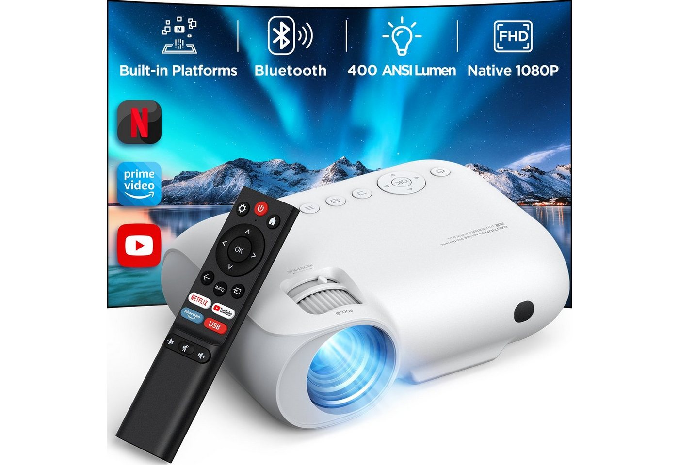 Yoton Netflix/Prime APPs Built-in5G WiFi Bluetooth 4K Beamer (9000:1, 1920x1080 px, 15000 lm, 1920x1080 px, Dolby-Sound, Full HD, Mit Tasche) von Yoton