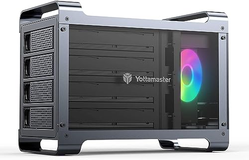 4 Fach FestplattenGehäuse, Yottamaster Spielorientiert Aluminium Externes Festplattengehäuse für 4 X3.5/2.5" HDD/SSD, mit 80mm Leise RGB Lüfter & 150W Innennetzteil von Yottamaster