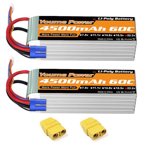 Youme 6S Lipo Batterie, 22,2 V 4500 mAh Lipo Batterie 60C mit EC5 und XT90 Stecker für X-Klasse Drohnenrennen 70MM 8MM 90MM EDF RC Quadcopter Flugzeug Hubschrauber Auto LKW Boot Hobby (2 Packungen) von Youme Power