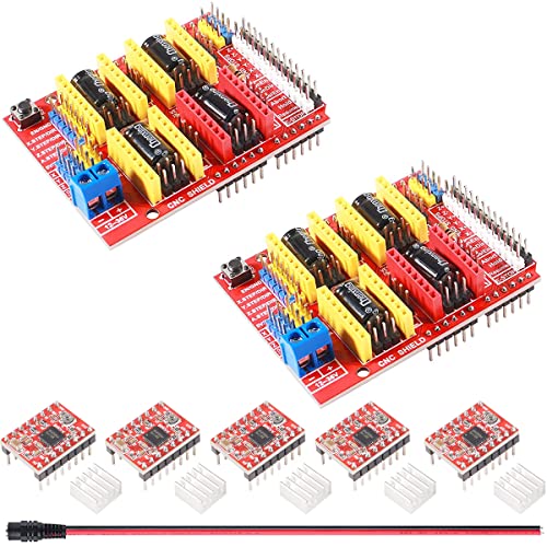 Youmile 2 Stück CNC Shield Expansion Board V3.0 Board 3D-Drucker CNC Drive Expansion Boards + 5 Stück A4988 Schrittmotortreiber mit Kühlkörper, DC-Buchsenkabel von Youmile