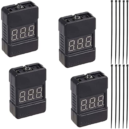 Youmile 4 Stück RC 1-8S Batterietester Lipo Li-Ion Batteriespannungstester Spannungssummer Alarm mit LED-Anzeige, mit Nylon-Kabelbinder von Youmile