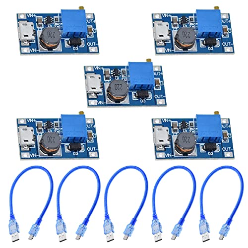 Youmile 5-teiliger DC-DC Aufwärtswandler 2V-24V auf 5V-28V 2A, einstellbarer Micro USB Spannungsregler, Step-Up Netzteilmodul für Arduino mit 5 teiligem Micro USB Kabel von Youmile