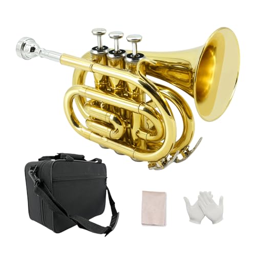 YoungMonic Bb Standard Pocket Trompeten für lackierte Kupfertrompete mit 7 C Mundstück, Hartschalenkoffer Taschentrompete Messing Trompete im Taschenformat von YoungMonic