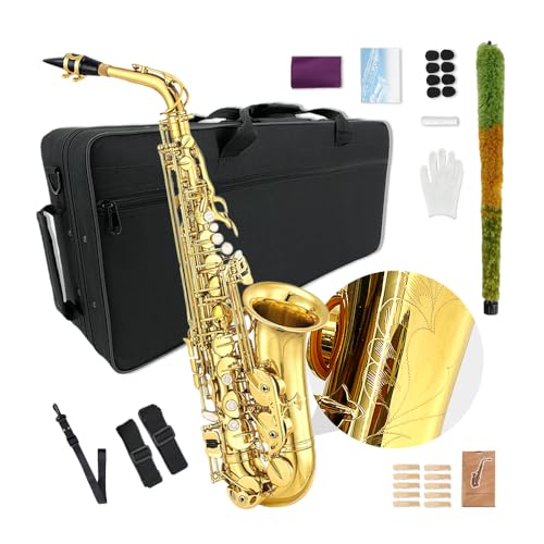 YoungMonic E-flaches Altsaxophon für Anfänger und professionelle Saxophone, Studenten, Altsaxophon, mit Tragetasche, Mundstückriemen, 10 Blätter, Saxophon, Anfänger-Set von YoungMonic