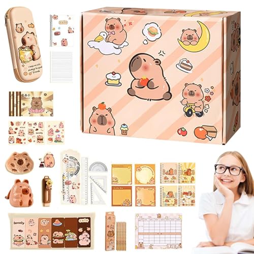 Youngwier Capybara Schreibwarenset | Ästhetische Kapuzineräffchen Stiftebox,Niedliche Schreibwaren für Weihnachten Geburtstag Schulstart Mit Notizbüchern Klebezetteln Aufklebern Stiften und Mehr von Youngwier