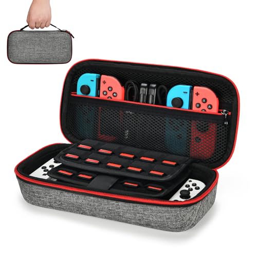 Tasche für NS Switch - Younik Verbesserte Version Harte Reise Hülle Case mit größerem Speicherplatz für 19 Spiele, offizieller Wechselstromadapter und anderes NS Switch Zubehör(Grau) von Younik