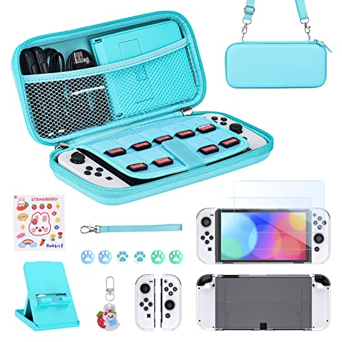 Younik Switch OLED Zubehör Bundle, 17 in 1 Switch OLED Zubehör Kit für Mädchen enthalten Switch Tragetasche, verstellbarer Ständer, Schutzhülle für Switch Konsole & J-Con (Blau) von Younik