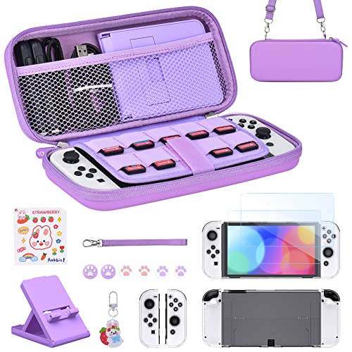 Younik Switch OLED Zubehör Bundle, 17 in 1 Switch OLED Zubehör Kit für Mädchen enthalten Switch Tragetasche, verstellbarer Ständer, Schutzhülle für Switch Konsole & J-Con (lila) von Younik
