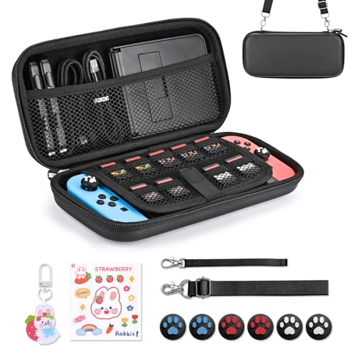 Younik Switch Tasche Kompatibel mit NS Switch/Switch OLED, 11 in 1 Switch Zubehör Kit Enthalten Switch Tragetasche, Daumen Kappen, Niedliche Aufkleber und Anhänger（ Schwarz ） von Younik