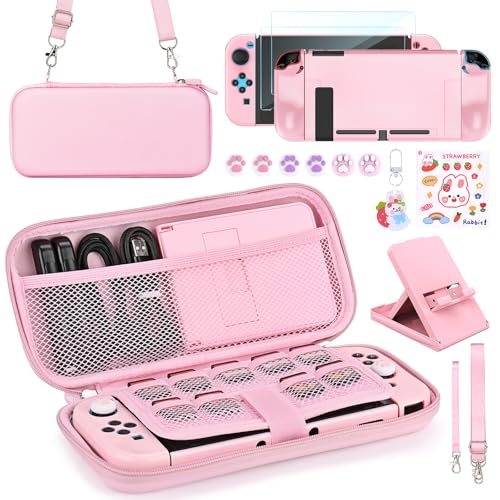 Younik Switch Zubehör Bundle, 15 in 1 Pink Switch Zubehör Kit für Mädchen enthalten Switch Tragetasche, Verstellbarer Ständer, Schutzhülle für Switch Konsole & J-Con(Hellrosa) von Younik