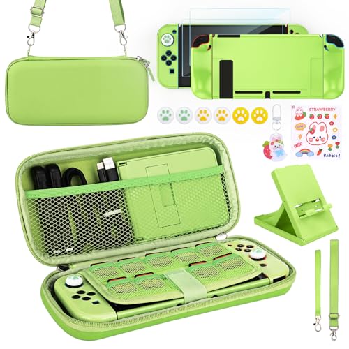 Younik Switch Zubehör Bundle, 15 in 1 Switch Zubehör Kit enthalten Switch Tragetasche, Verstellbarer Ständer, Schutzhülle für Switch Konsole & J-Con(Grün) von Younik