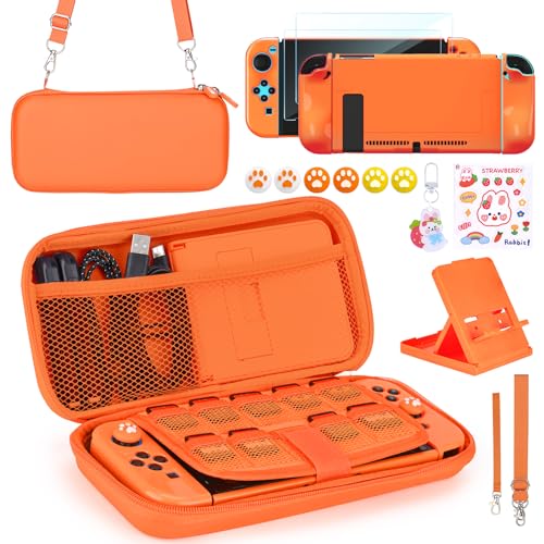 Younik Switch Zubehör Bundle, 15 in 1 Switch Zubehör Kit enthalten Switch Tragetasche, Verstellbarer Ständer, Schutzhülle für Switch Konsole & J-Con(Orange) von Younik