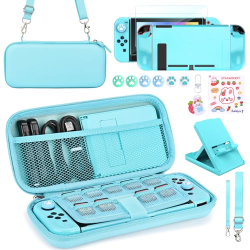 Younik Switch Zubehör Bundle, 15 in 1 Switch Zubehör Kit enthalten Switch Tragetasche, Verstellbarer Ständer, Schutzhülle für Switch Konsole & J-Con(blau) von Younik