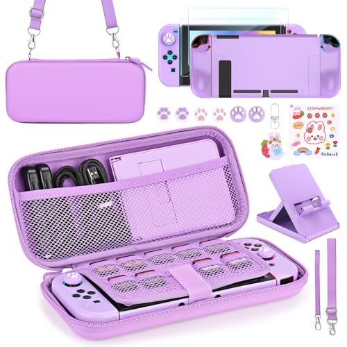 Younik Switch Zubehör Bundle, 17 in 1 Switch Zubehör Kit für Mädchen Enthalten Switch Tasche, Verstellbarer Ständer, Schutzhülle für Switch Konsole & J-Con(Lila) von Younik