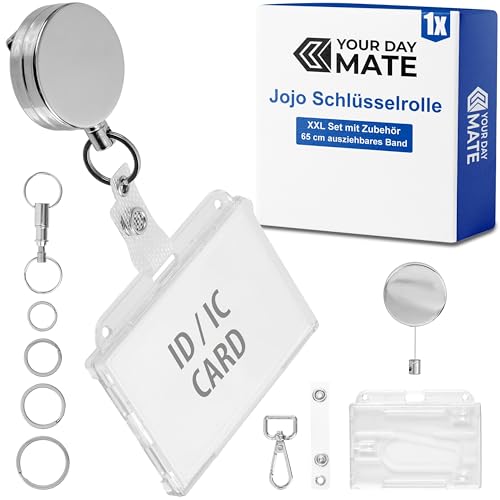 Jojo Schlüsselband, 1 Set, in Silber-farben, mit 65 cm Stahlseil, Bremse, Metallgehäuse, Schlüsselrolle für Schlüssel, Ausweis, Kit mit Schlüsselringen, Karabiner, Ausweishülle, Schlüsselanhänger Jojo Schlüsselband, 1 Set, in Silber-farben, mit 65 cm Stahlseil, Bremse, Metallgehäuse, Schlüsselrolle für Schlüssel, Ausweis, Kit mit Schlüsselringen, Karabiner, Ausweishülle, Schlüsselanhänger von Your Day Mate