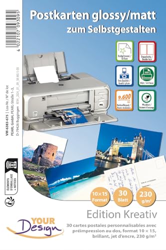 Your Design Postkarten: 30 Inkjet-Karten zum Selbstbedrucken in Postkartengröße, glossy (Postkartenpapier, Postkarte Papier für Drucker, Fotopapier beidseitig) von Your Design