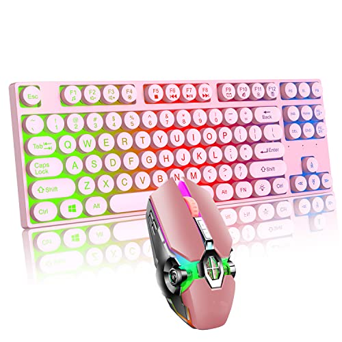 Mechanisches Gefühl, Gaming-Tastatur und Maus, Kombination mit 87 Tasten, Retro-Punk-Schreibmaschine, kühles Atmen, leichte Gaming-Maus für Spiel und Büro (rosa Set) von Yrhrol