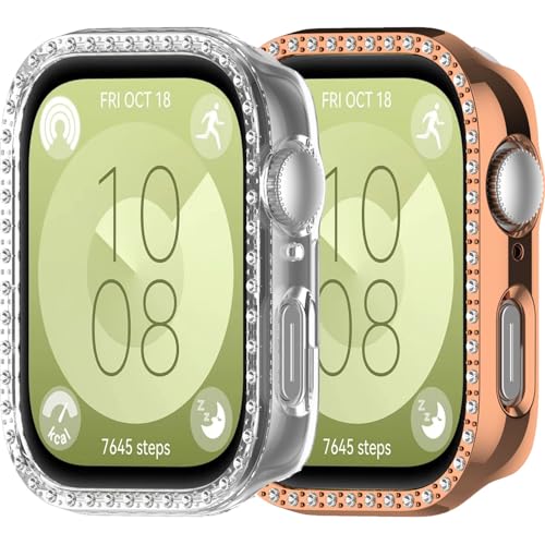 2er-Pack Kompatibel mit Huawei Watch Fit 3 Bling Diamant Hülle PC Bumper Schutzhüllen Frauen Mädchen Männer Kristall Glänzende Strass Hüllen Smartwatch Zubehör Hülle (Klar Roségold) von Yrzper